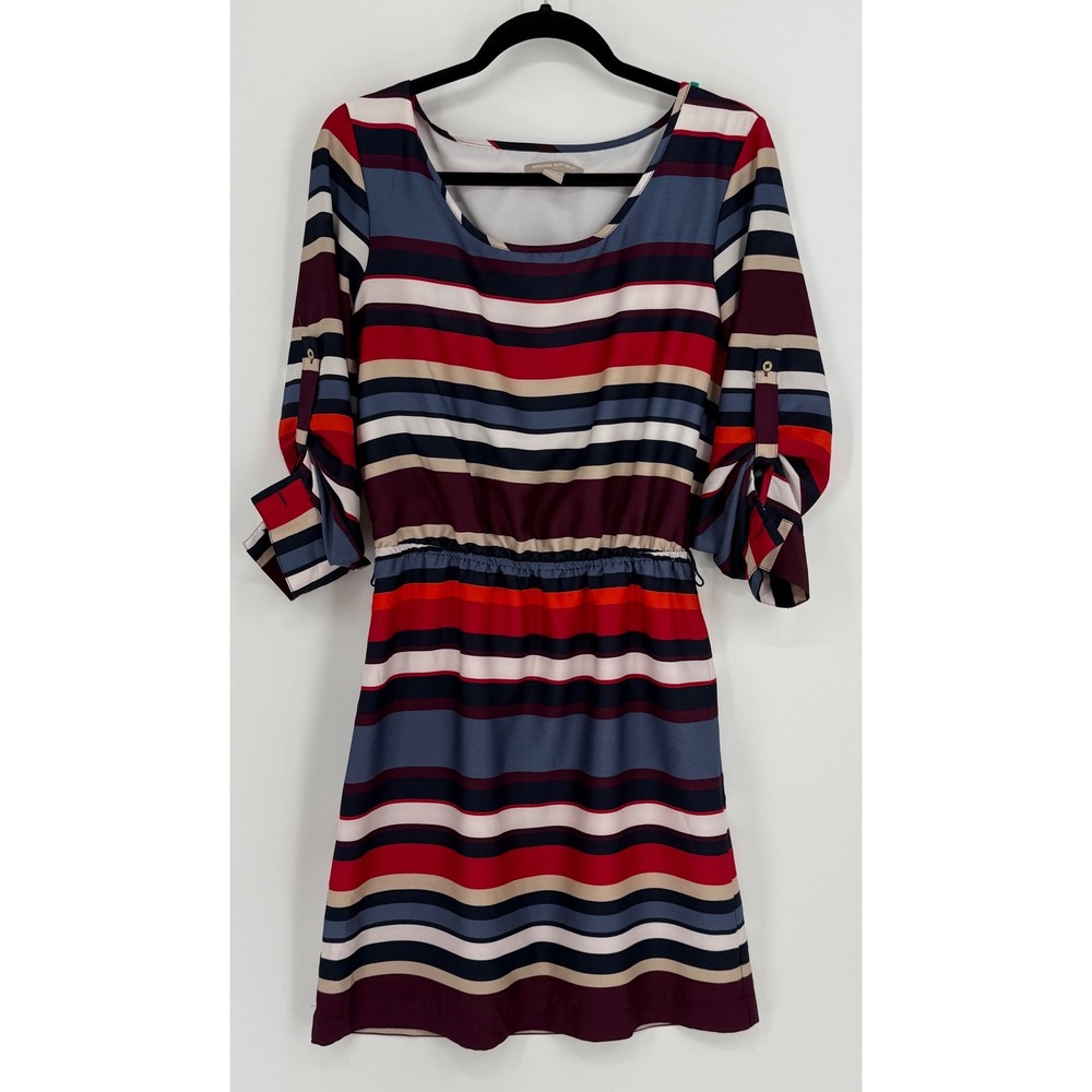 Banana Republic Striped Roll Tab Sleeve Elastic Waist Dress Red Navy Burgundy 8